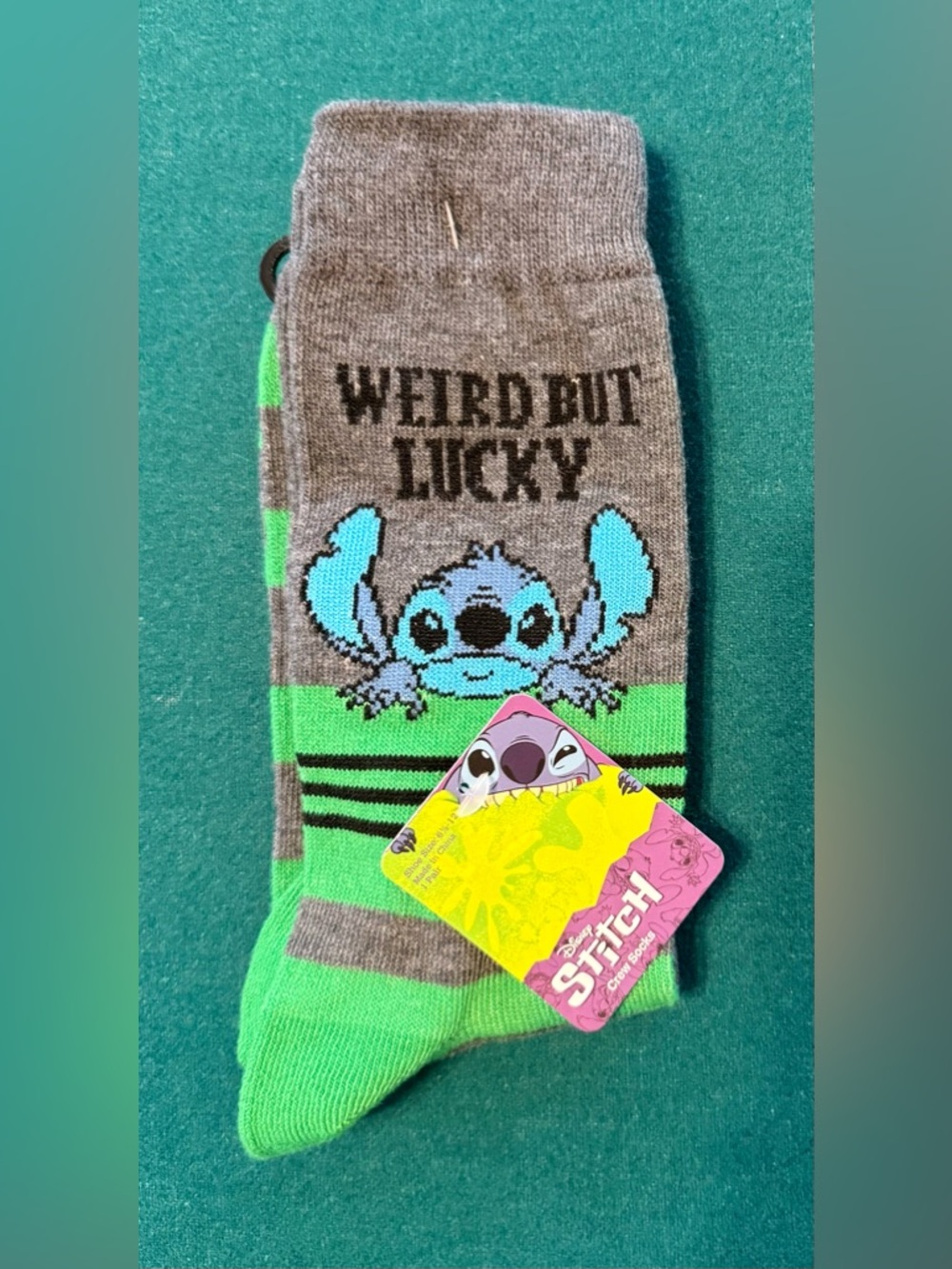Disney Stitch 'Weird But Lucky' Crew Socks - Gray & Bright Green